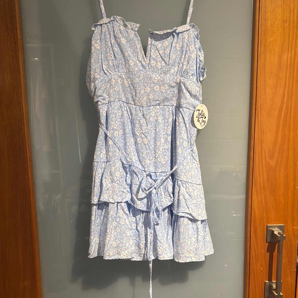 Blue Floral Tie-Waist Mini Dress with Ruffle Tiers